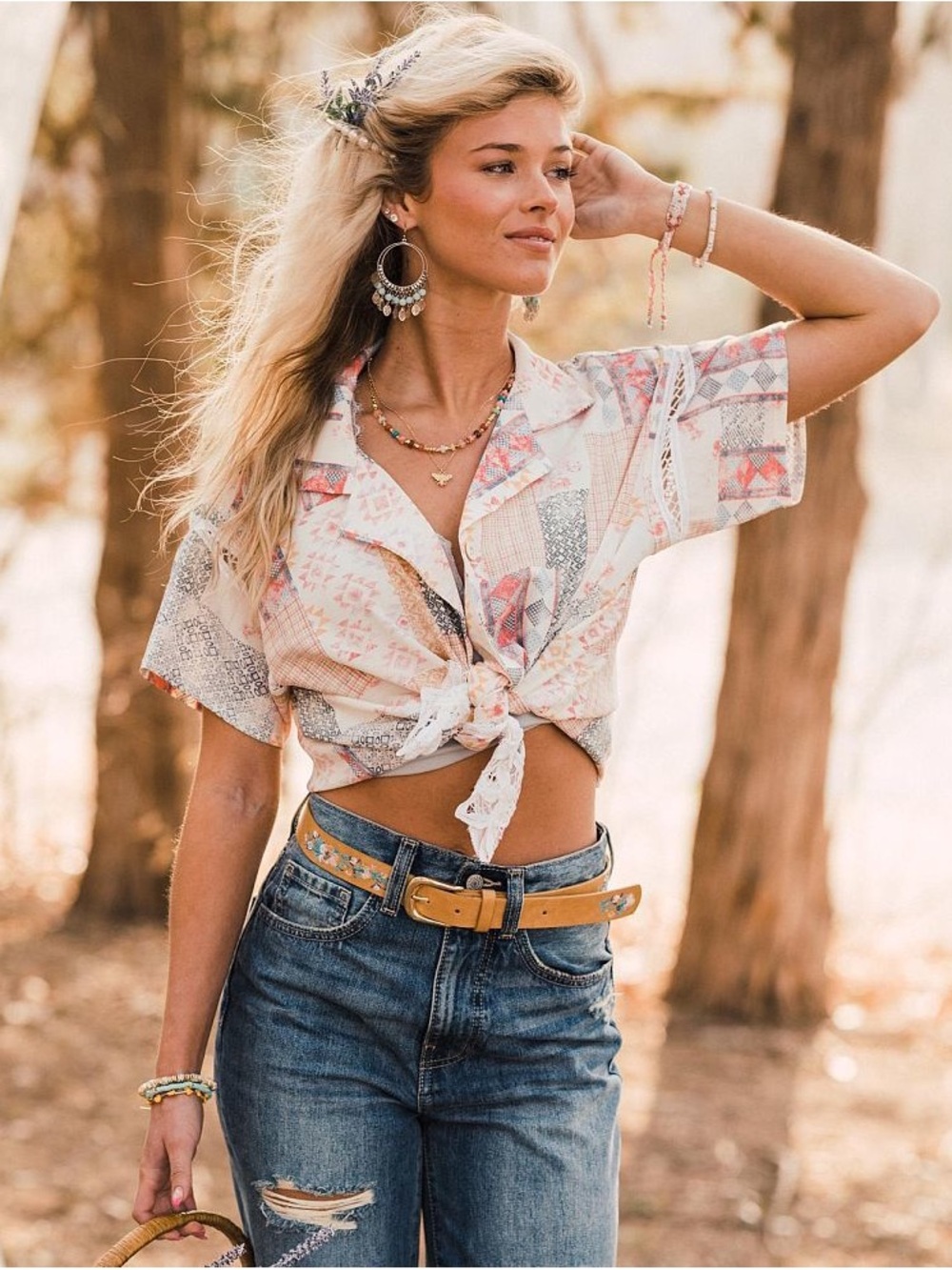 Boho Women's Patchwork Print Lace Trim Boxy Button Front Blouse Size M Festival